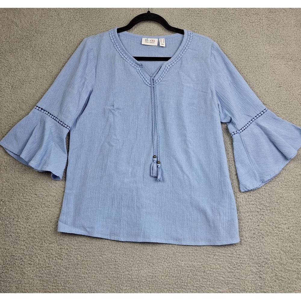 Denim&Co Light Blue Peasant Blouse with Tassel Tie